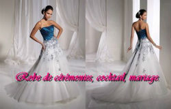Robe de mariée bleu et blanc avec laçage et traîne