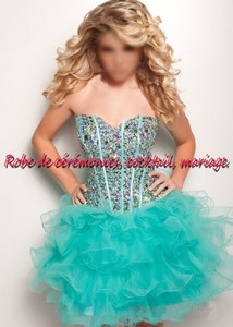 Robe de soirée CS turquoise bustier ornée de strass