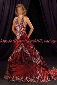 Robe de mariée NV bordeaux entièrement brodé avec col américain VENDU avec jupon adapté.