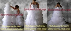 Robe de mariée blanche coupe asymétrique avec traîne modulable.