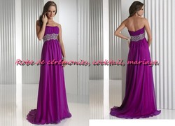 Robe de soirée violet brodée argenté coupe empire.