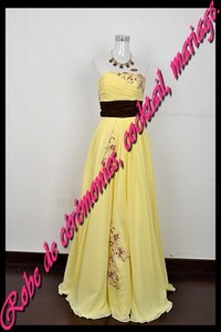 Robe de cocktail bustier jaune marron coupe empire