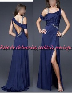 Robe de soirée bleu nuit dos nue bretelle strassé
