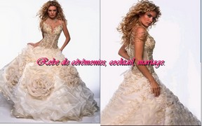 Robe de mariée prestige champagne motif fleur bustier échancré VENDU avec jupon adapté.